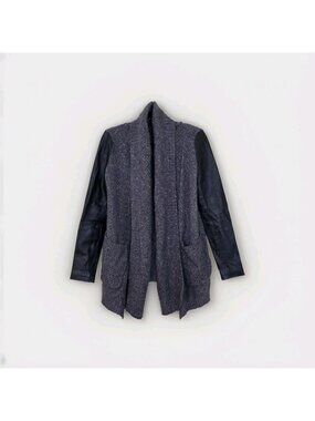Line Knitwear Mixed Media Cardigan M Grey Flecked Chunky Knit Leather LS Edgy